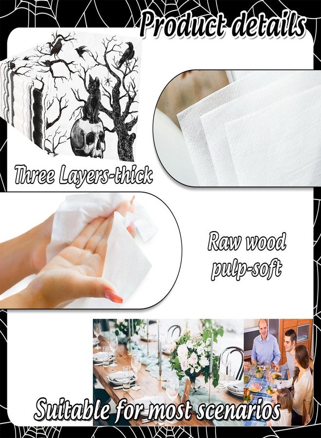 JarThenaAMCS مناديل ورقية للهالوين من جارثينا إيه إم سي إس، ٥٠ قطعة، بتصميم جمجمة سوداء وقطة، مناسبة للغداء والعشاء، ولتزيين طاولة الطعام في المنزل أو الحفلات. - Image 3